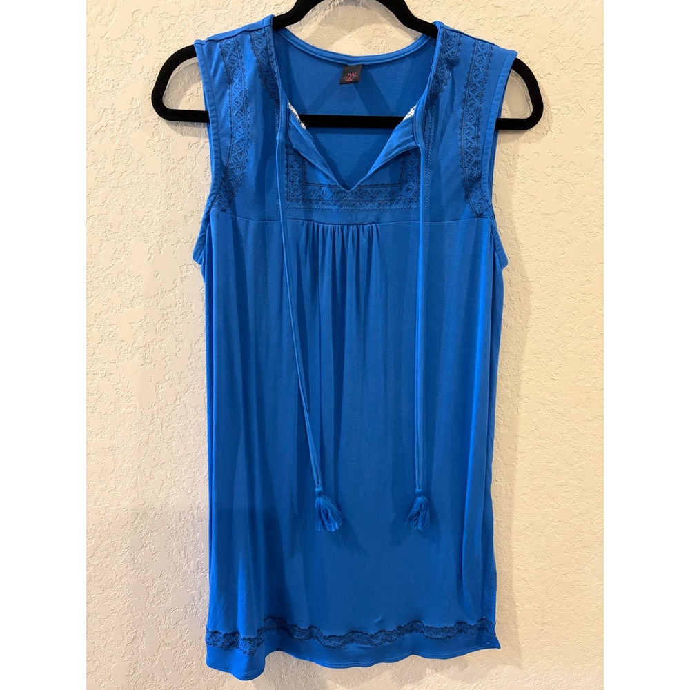 JW Style Blue Embroidered Sleeveless Dress Tassel V-Neck Medium